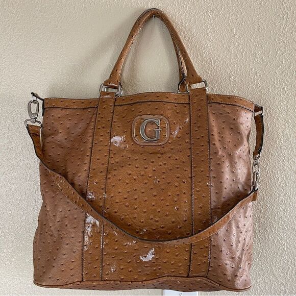 Vintage Y2K Guess Ostrich Pebbled Faux Leather Handbag Purse Tan - Picture 2 of 15